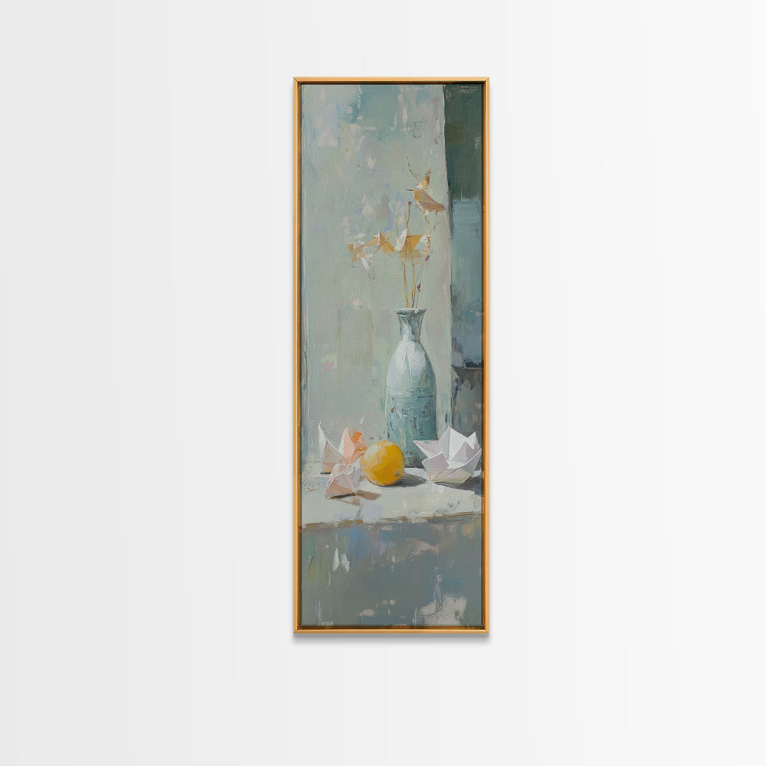 Blue Vase With Paper Cranes And Lemon Wall Art, Soft Still Life Canvas Print For Kitchen Decor And Neutral Home Decor Gift