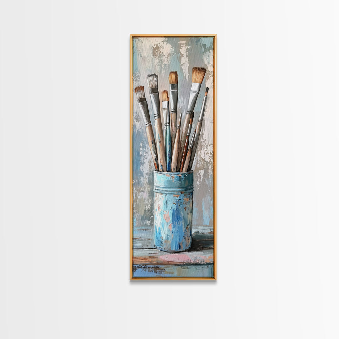Paint Brushes In Blue Tin Wall Art, Artist Studio Canvas Print For Office Decor, Creative Home Decor And Gift For Art Lover