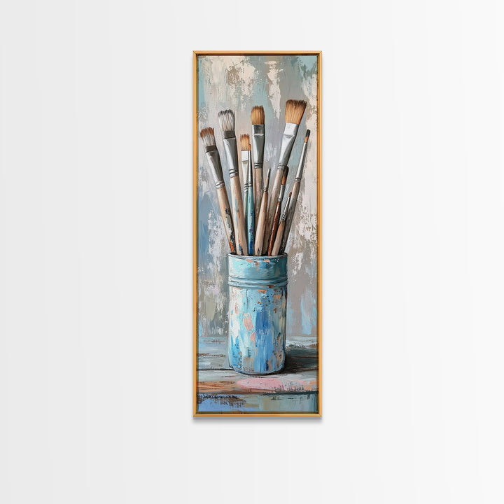 Paint Brushes In Blue Tin Wall Art, Artist Studio Canvas Print For Office Decor, Creative Home Decor And Gift For Art Lover