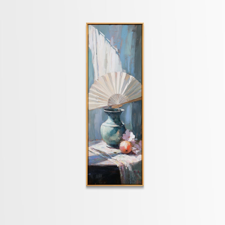 White Folding Fan Over Blue Vase Wall Art, Japandi Canvas Print For Bedroom Decor, Elegant Still Life And Modern Home Decor