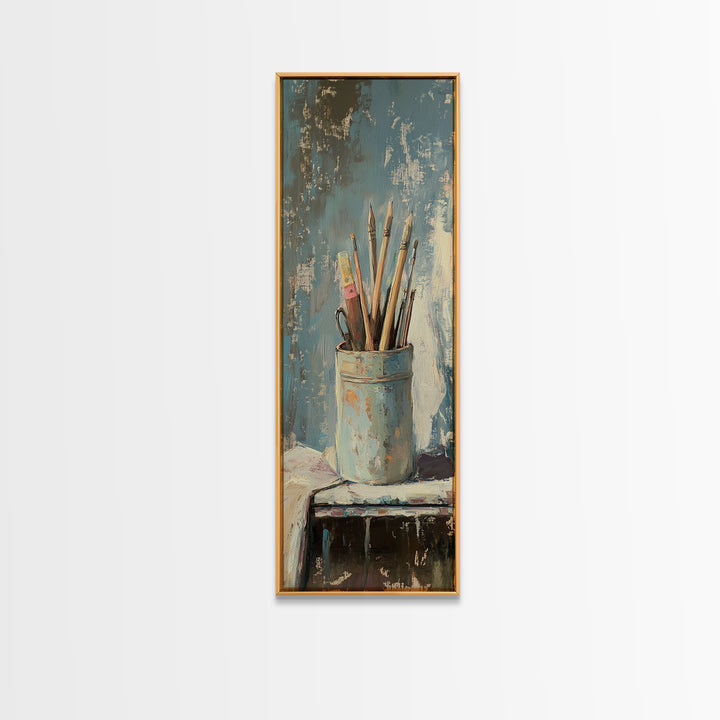 Paintbrushes In Blue Cup Wall Art, Artist Studio Canvas Print, Rustic Creative Office Decor For Art Lover Gift And Home Decor