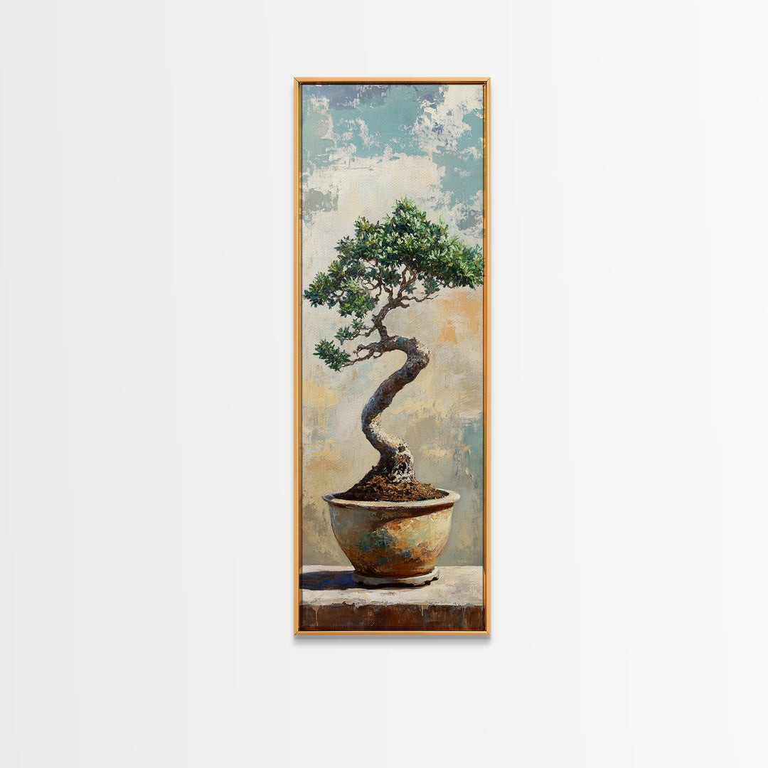 Bonsai Tree In Ceramic Pot Framed Canvas Print, Japanese Zen Wall Art, Nature Inspired Decor For Office And Meditation Room