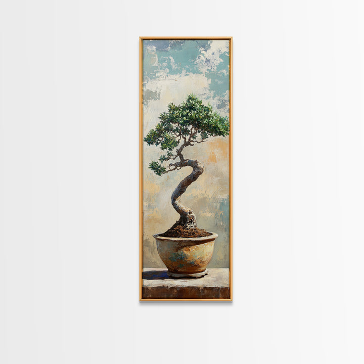 Bonsai Tree In Ceramic Pot Framed Canvas Print, Japanese Zen Wall Art, Nature Inspired Decor For Office And Meditation Room