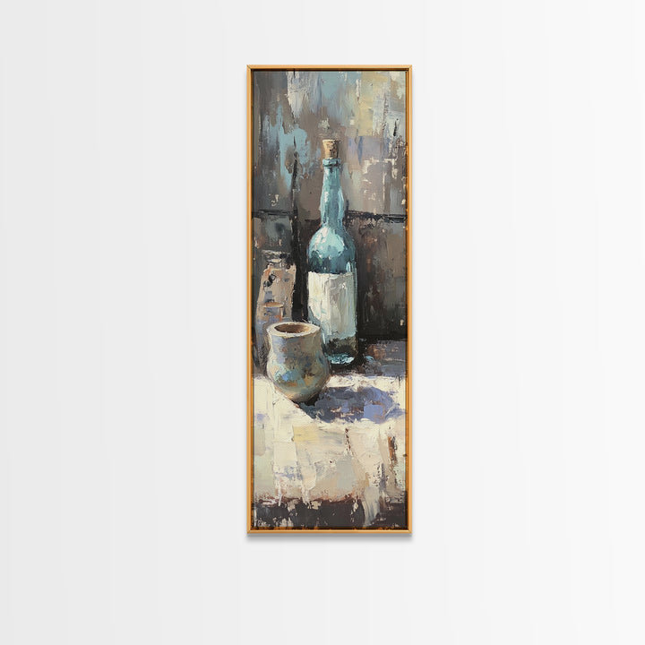 Blue Bottle And Ceramic Cup Still Life Canvas Print, Moody Kitchen Wall Art, Rustic Dining Room Decor, Coffee Bar Gift For Her