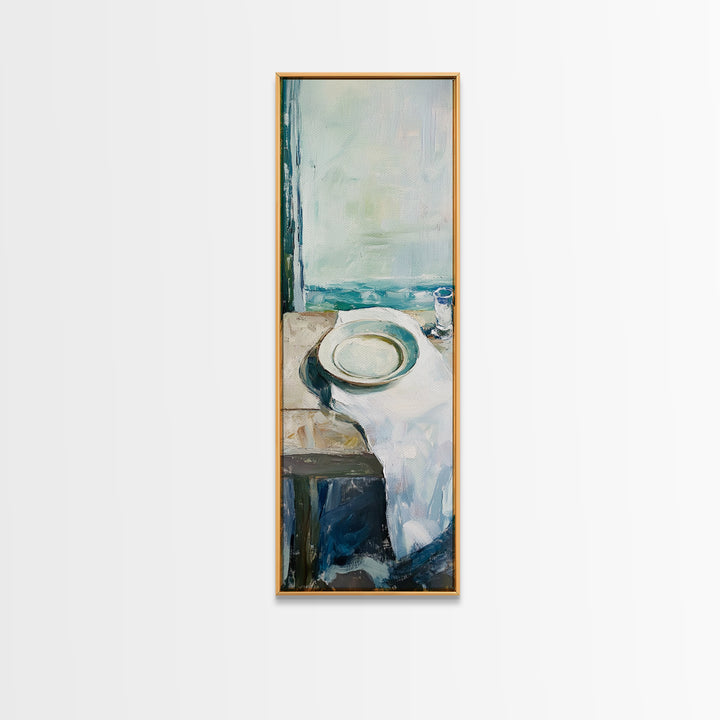 Seaside White Plate And Cup Minimalist Canvas Print, Coastal Kitchen Wall Art, Ocean View Decor, Beach House Gift For Her