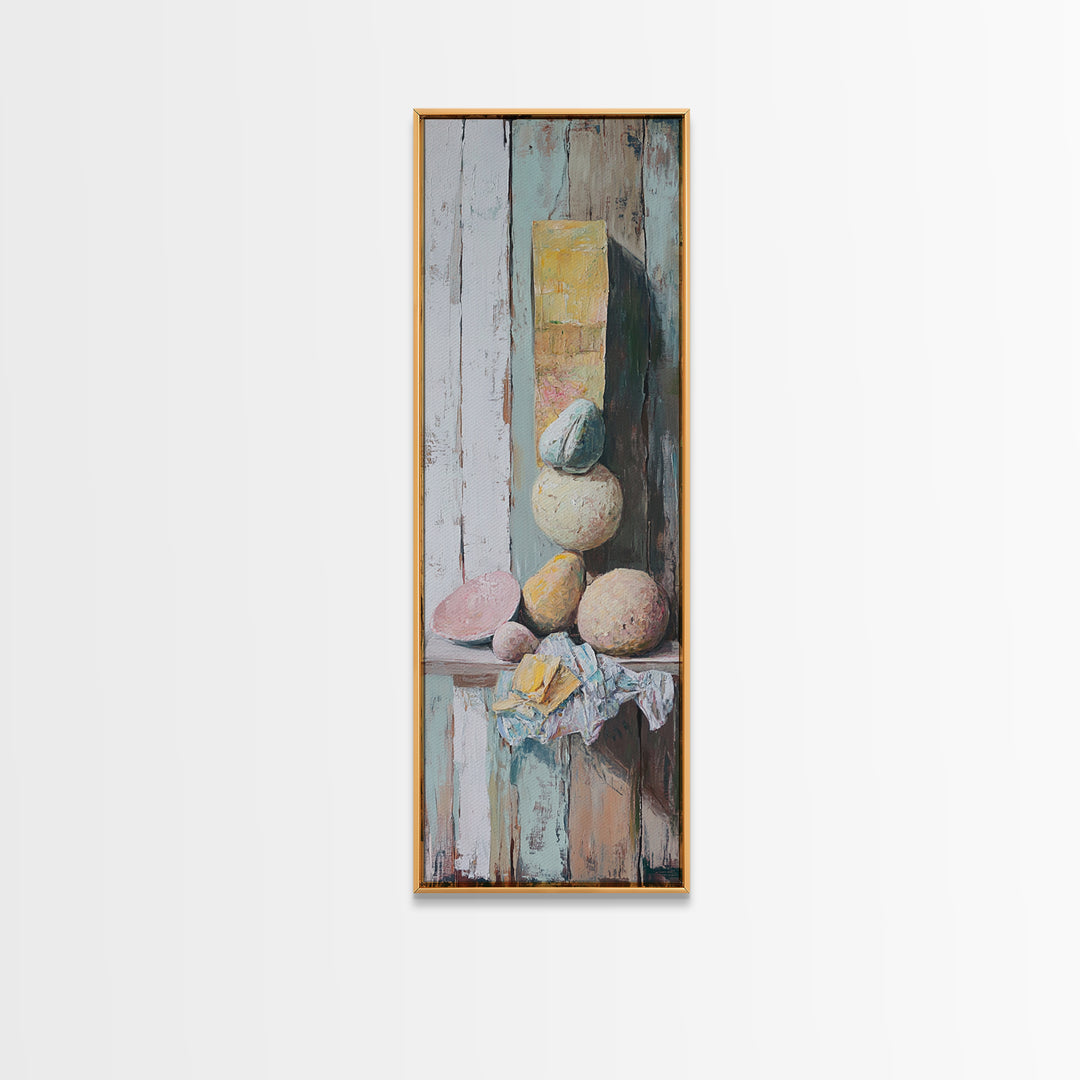 Pastel Stone Stack Still Life Framed Canvas Print, Wabi Sabi Wall Art, Neutral Rustic Decor, Organic Modern Art Gift For Her