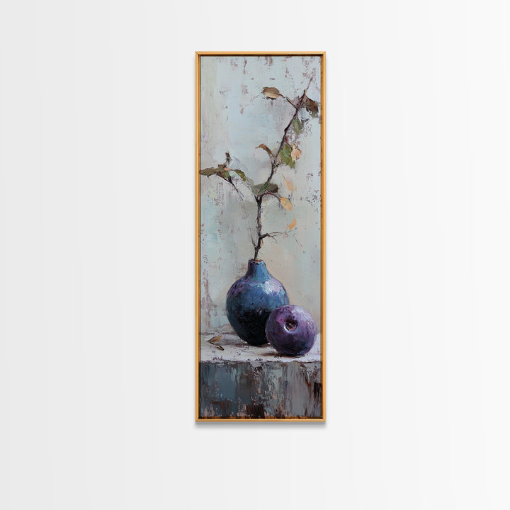 Rustic Blue Vase And Purple Fruit Still Life Wall Art, Textured Botanical Canvas Print For Kitchen And Living Room Decor