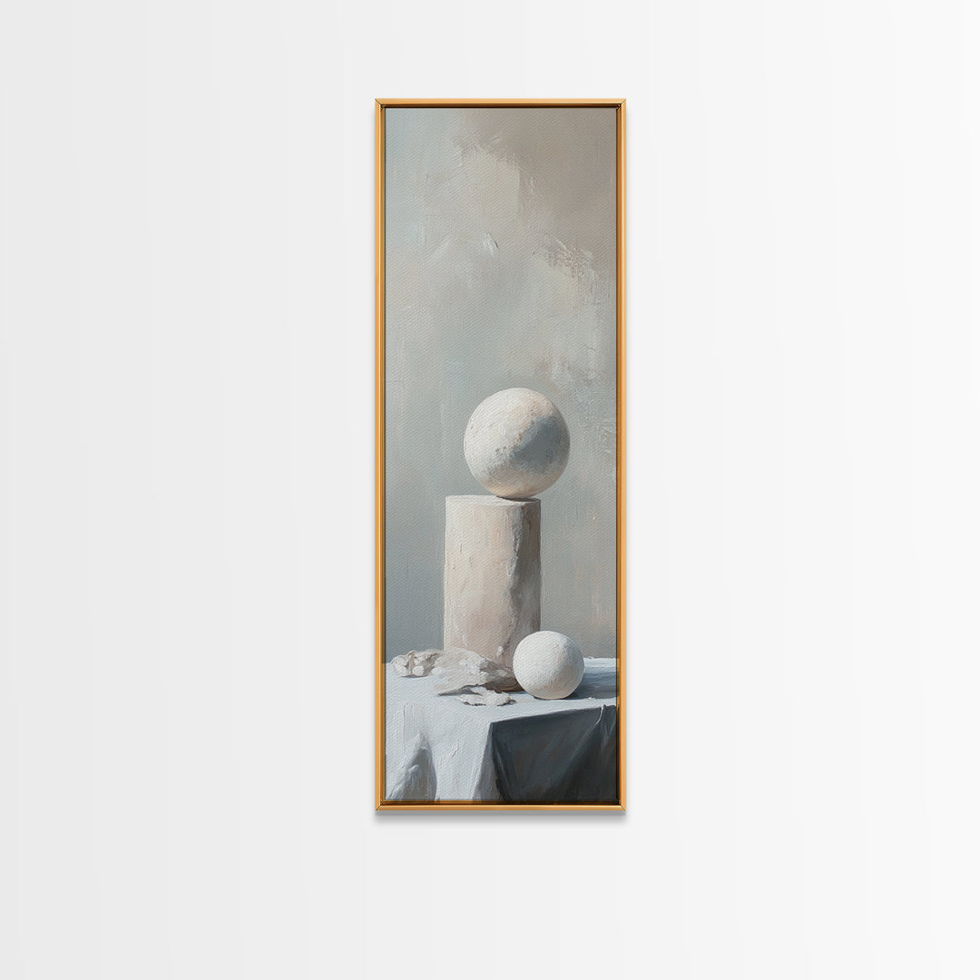 Minimalist White Sphere And Column Still Life Wall Art, Neutral Abstract Canvas Print For Modern Office Decor And Home Decor