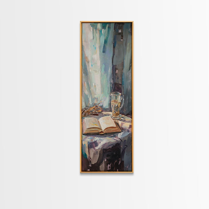 Open Book And Wine Glass By Window Wall Art, Moody Reading Nook Canvas Print For Library Decor, Home Office Decor And Book Lover Gift