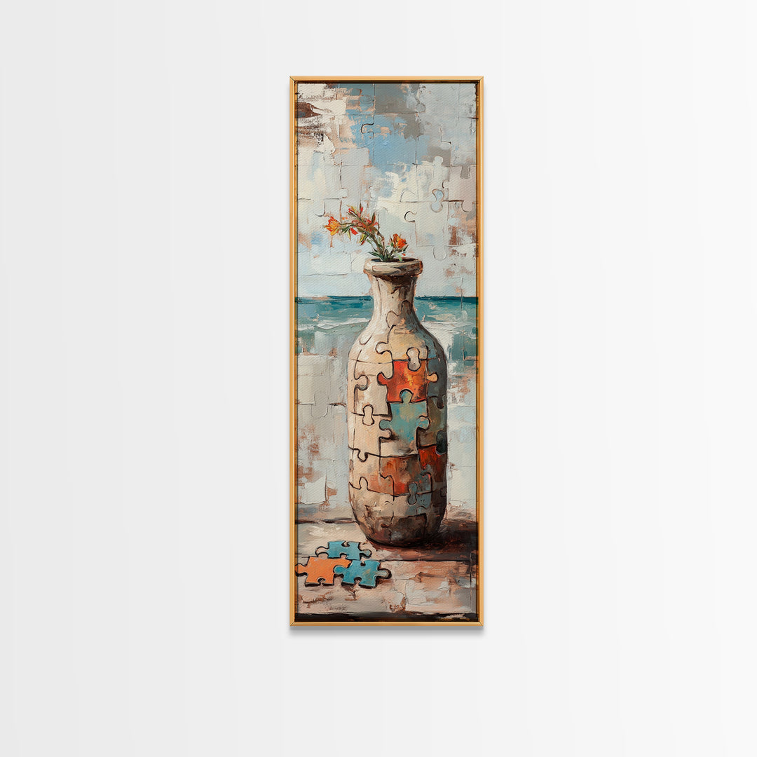 Puzzle Piece Vase With Wildflowers Canvas Print, Whimsical Wall Art, Eclectic Home Decor, Colorful Art, Statement Wall Art