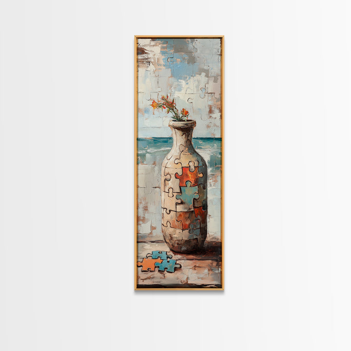 Puzzle Piece Vase With Wildflowers Canvas Print, Whimsical Wall Art, Eclectic Home Decor, Colorful Art, Statement Wall Art
