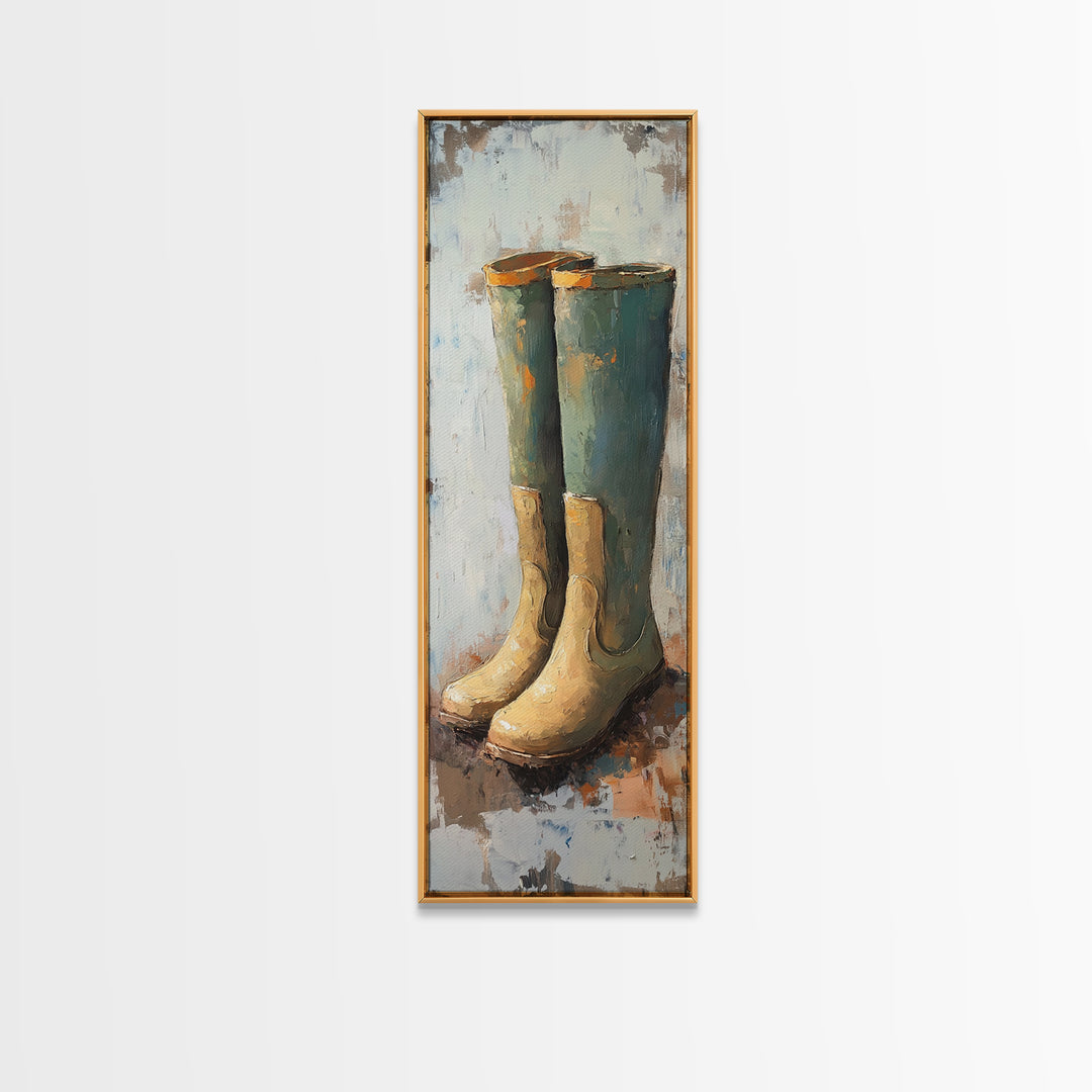 Tall Green Rain Boots Oil Painting Canvas Print, Rustic Farmhouse Decor, Country Wall Art, Mudroom Housewarming Gift For Her