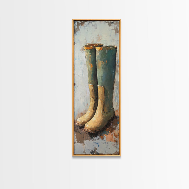 Tall Green Rain Boots Oil Painting Canvas Print, Rustic Farmhouse Decor, Country Wall Art, Mudroom Housewarming Gift For Her