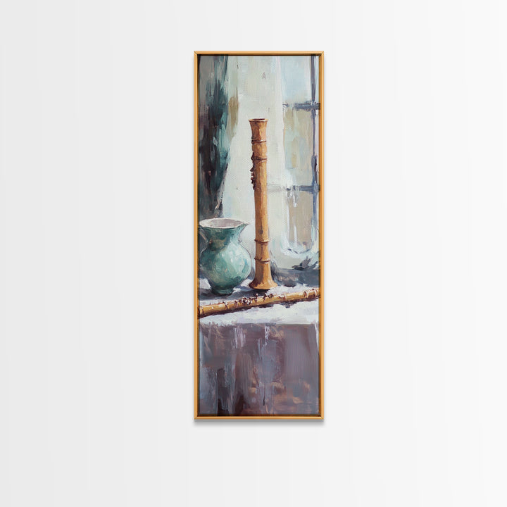 Turquoise Vase And Bamboo Flute Still Life Framed Canvas Print, Japandi Wall Art, Zen Home Decor, Calming Office Art Print