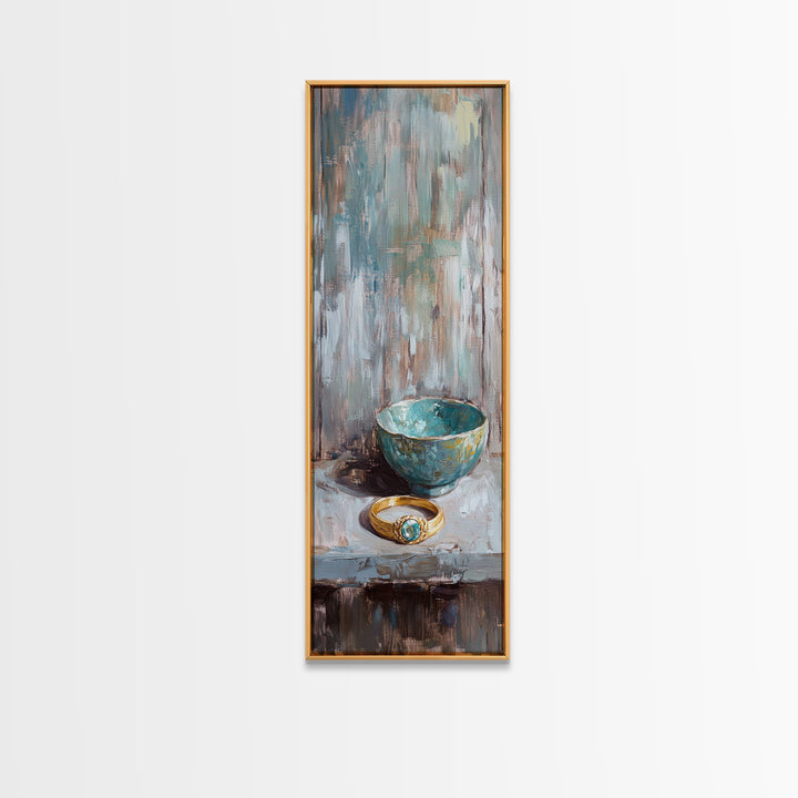 Turquoise Bowl With Gold Ring Oil Painting Canvas Print, Wabi Sabi Wall Art, Rustic Boho Home Decor, Unique Gift For Her