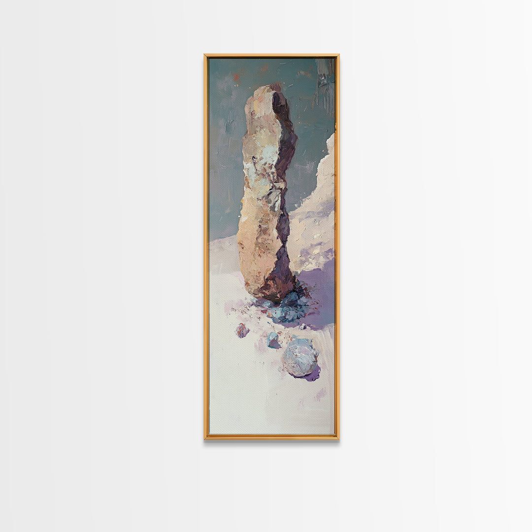 Snowy Standing Stone Impasto Landscape Canvas Print, Minimalist Winter Wall Art, Neutral Nature Decor, Calm Office Art Print
