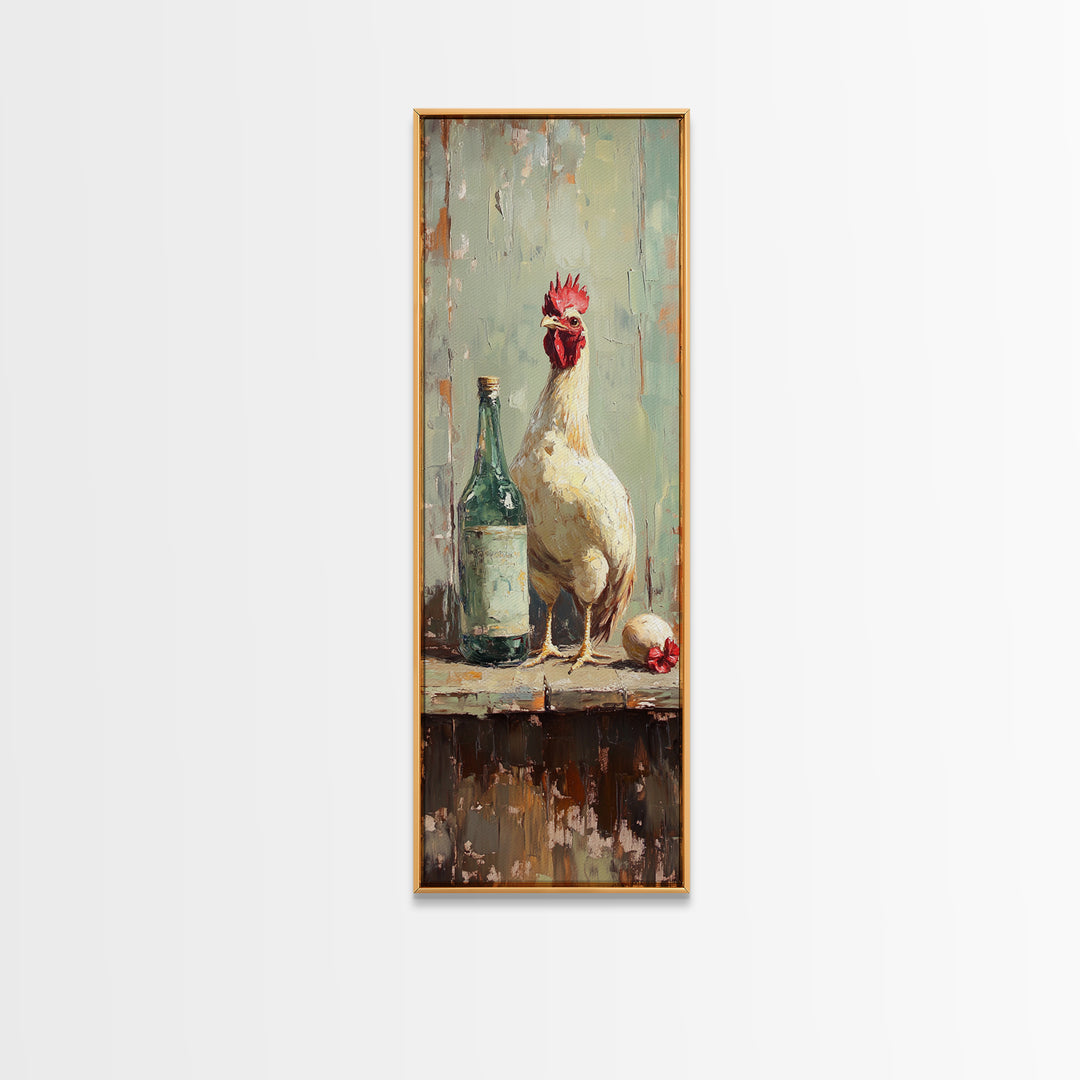 Rustic White Rooster And Green Bottle Framed Canvas Print, Farmhouse Kitchen Wall Art, Country Decor, Chicken Lover Gift