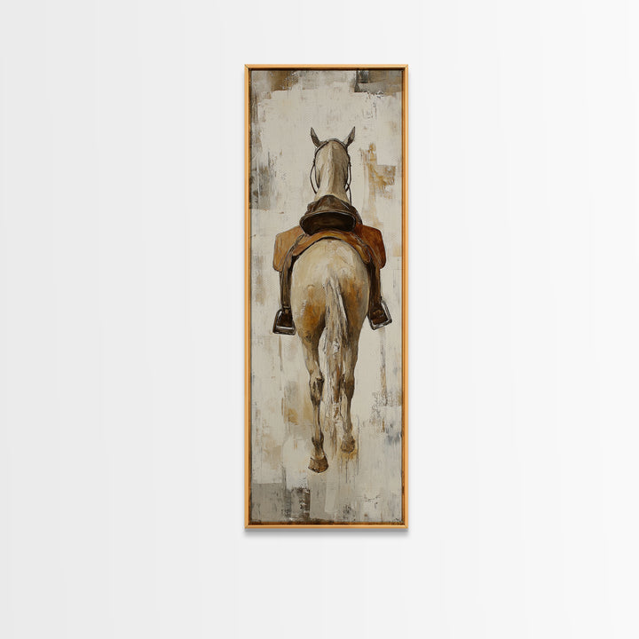 Saddled White Horse From Behind Framed Canvas Print, Equestrian Wall Art, Western Farmhouse Decor, Gift For Horse Lovers