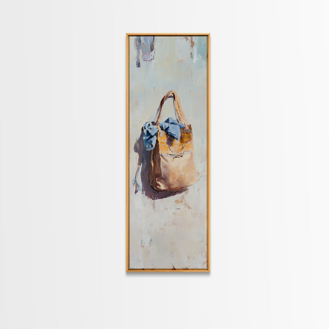 Hanging Tan Tote Bag With Blue Scarf Canvas Print, Fashion Wall Art, Feminine Bedroom Decor, Chic Closet Wall Decor, Gift For Her