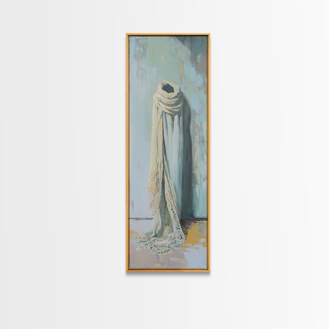 Draped White Scarf On Blue Wall Canvas Print, Minimalist Textile Wall Art, Neutral Bedroom Decor, Soft Wabi Sabi Art, Calming Decor