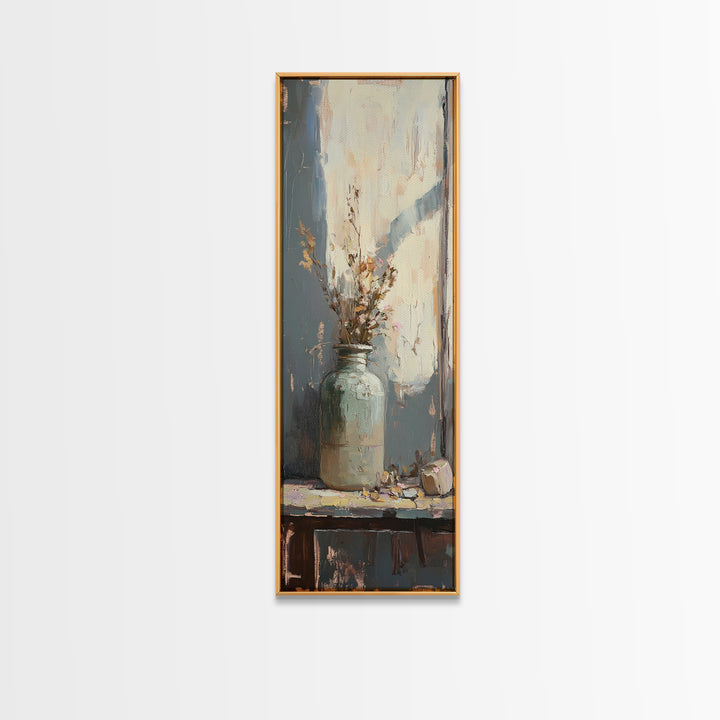 Pale Ceramic Vase With Dried Flowers Canvas Print, Rustic Botanical Wall Art, Neutral Farmhouse Decor, Window Still Life
