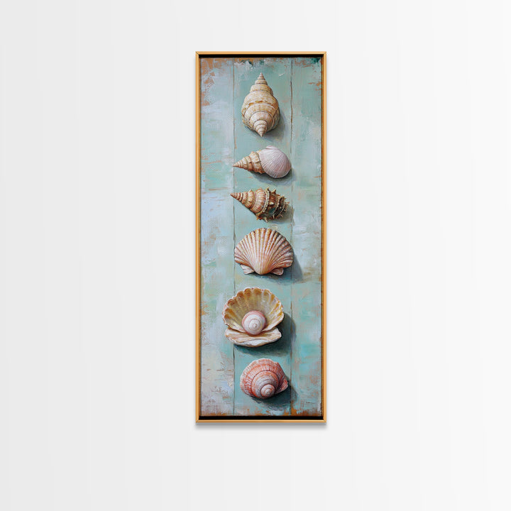 Six Seashells On Turquoise Wood Framed Canvas Print, Coastal Wall Art, Beach House Decor, Nautical Bathroom Wall Decor, Ocean Print