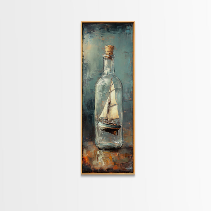Ship In A Glass Bottle Framed Canvas Print, Nautical Wall Art, Coastal Home Decor, Lake House Decor, Ocean Wall Decor, Sailboat Art