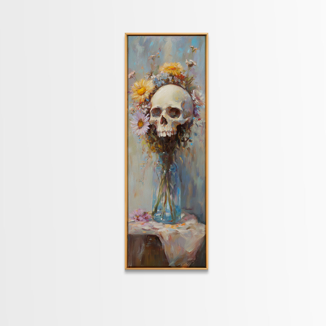 Floral Skull In Glass Vase Wall Art, Gothic Memento Mori Still Life Canvas, Dark Academia Decor, Moody Floral Gift For Her