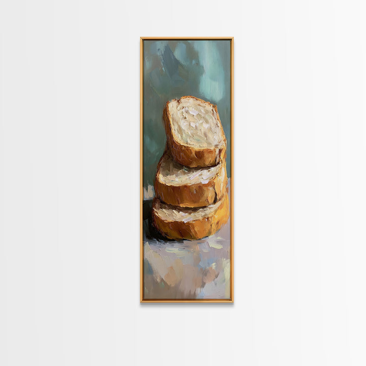 Stacked Crusty Bread Slices Canvas Print, Rustic Kitchen Wall Art, Food Still Life Painting, Bakery Decor Gift For Foodie