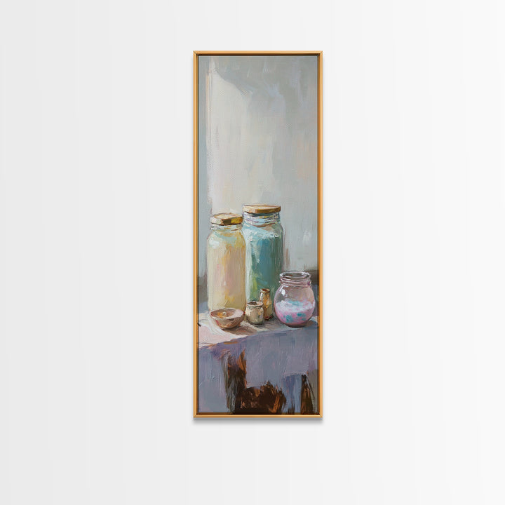 Pastel Glass Jars And Bottles Wall Art, Minimalist Still Life Canvas Print, Soft Kitchen Decor, Modern Home Decor, Housewarming Gift