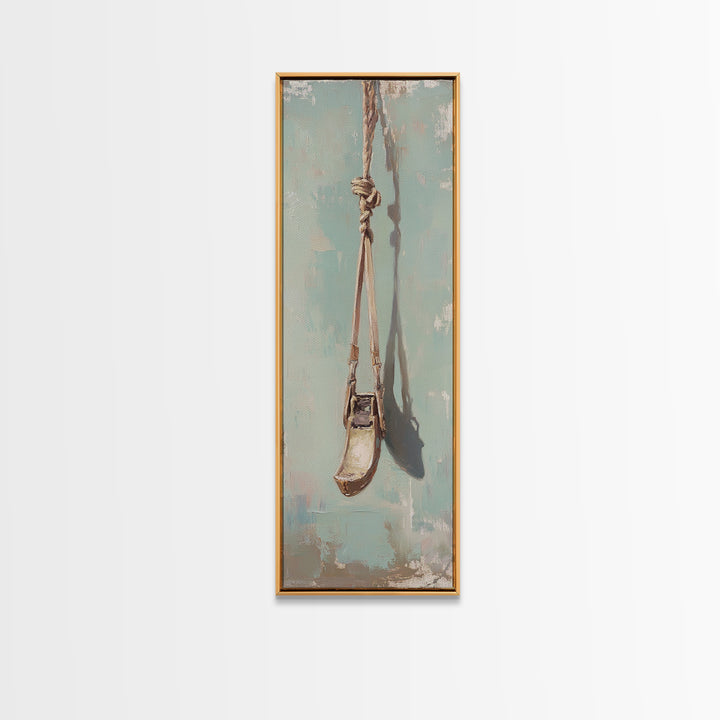 Weathered Rope Swing On Blue Wall Art, Rustic Minimalist Canvas Print, Nostalgic Nursery Or Patio Decor Housewarming Gift