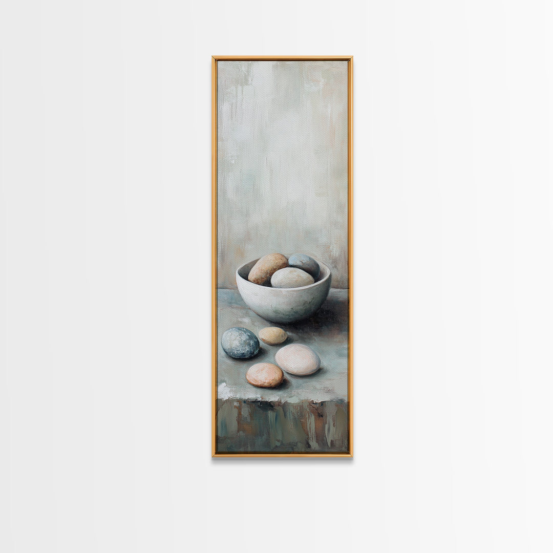 Neutral Bowl Of Smooth Pebbles Wall Art, Minimalist Still Life Canvas, Calming Zen Bathroom Decor, Wabi Sabi Home Decor Gift