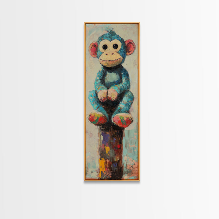 Whimsical Blue Monkey Toy Wall Art, Cute Animal Nursery Decor, Kids Room Canvas Print, Playroom Decor And Baby Shower Gift