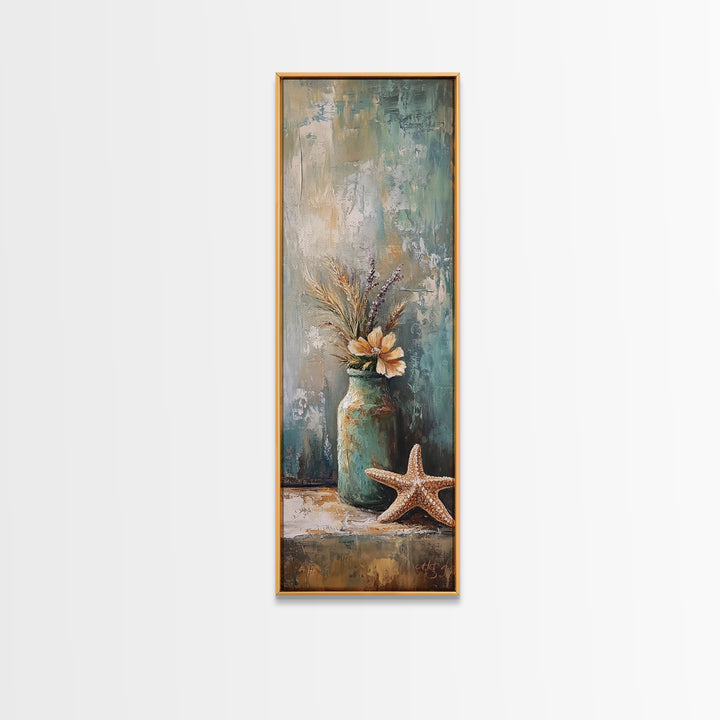 Rustic Jar With Dried Grass And Starfish Wall Art, Coastal Canvas Print, Beach House Decor, Neutral Farmhouse Gift, Living Room Decor