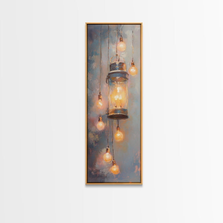 Glowing Mason Jar Lanterns Framed Canvas Print, Rustic Wall Art, Farmhouse Lighting Decor, Cozy Kitchen Wall Decor Gift Idea