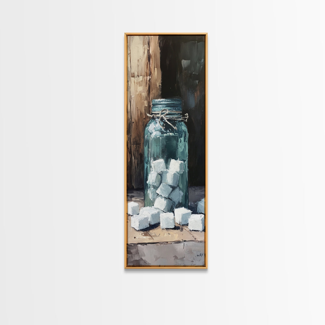 Blue Mason Jar With Sugar Cubes Canvas Print, Rustic Kitchen Wall Art, Farmhouse Decor, Coffee Bar Art, Sweet Still Life