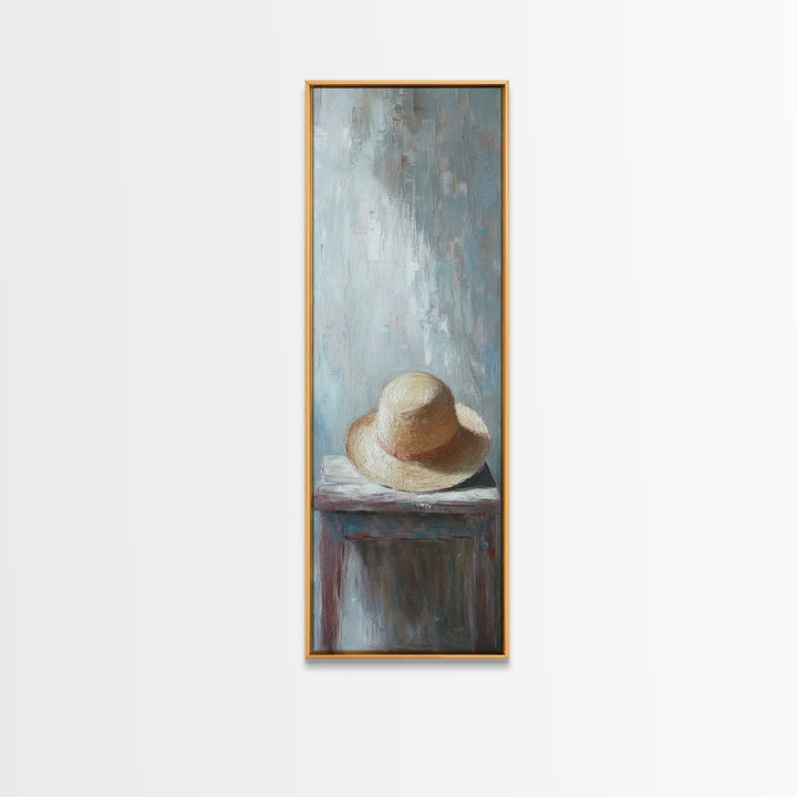 Straw Sun Hat On Weathered Table Canvas Print, Coastal Wall Art, Rustic Bedroom Decor, Neutral Farmhouse Home Decor Gift