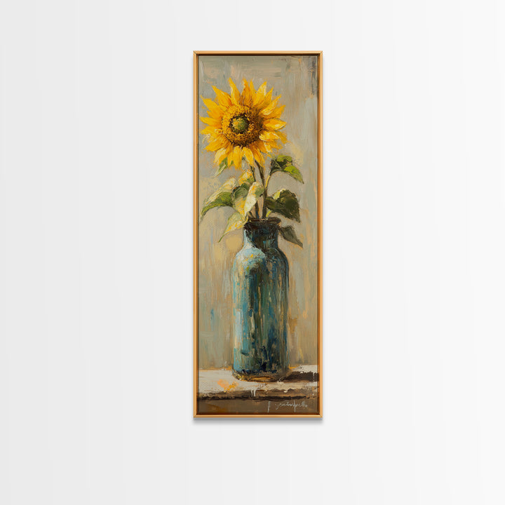Sunflower In Blue Glass Bottle Vase Wall Art, Rustic Floral Oil Painting Print, Farmhouse Kitchen Decor, Gift For Her, Housewarming Gift