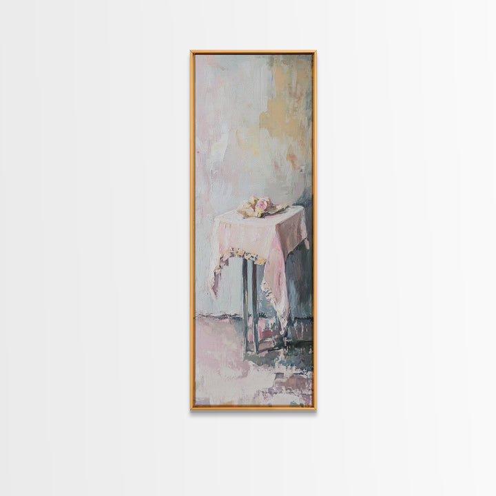 Pastel Pink Draped Table With Teacup Wall Art, Minimalist Canvas Print, Soft Abstract Still Life, Feminine Bedroom Decor