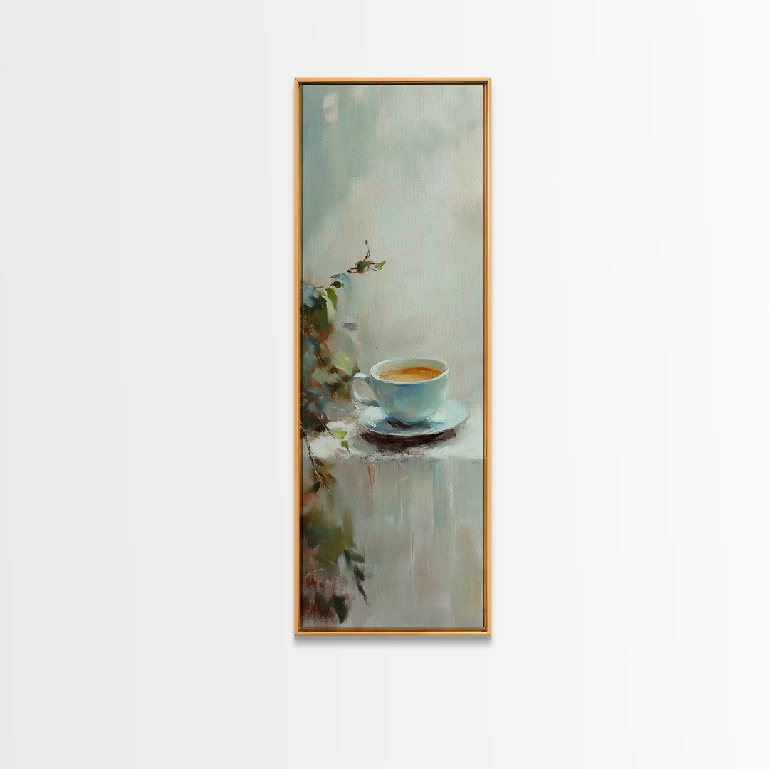 Blue Coffee Cup With Soft Green Foliage Wall Art, Minimalist Kitchen Decor, Cozy Cafe Print, Neutral Home Decor, Gift For Her