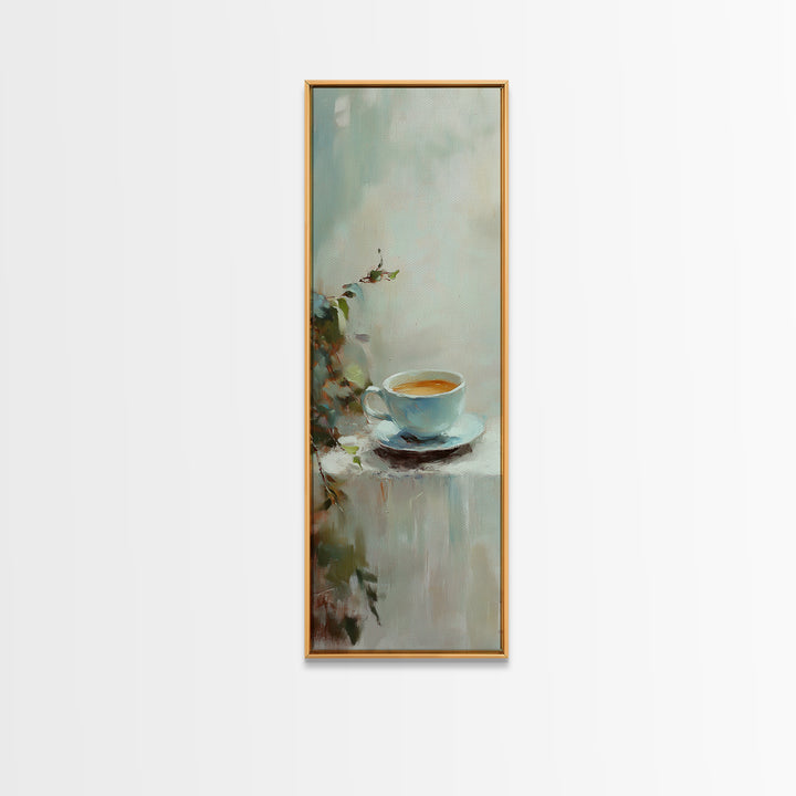 Blue Coffee Cup With Soft Green Foliage Wall Art, Minimalist Kitchen Decor, Cozy Cafe Print, Neutral Home Decor, Gift For Her