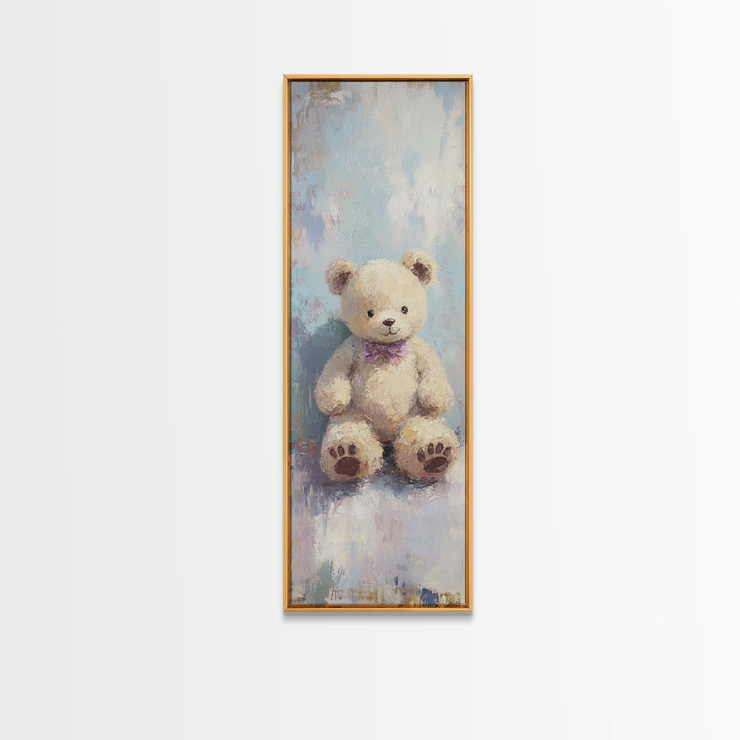 Cream Teddy Bear With Purple Bow Framed Canvas Print, Nursery Wall Art, Whimsical Animal Decor, Baby Shower Gift, Kids Room Decor
