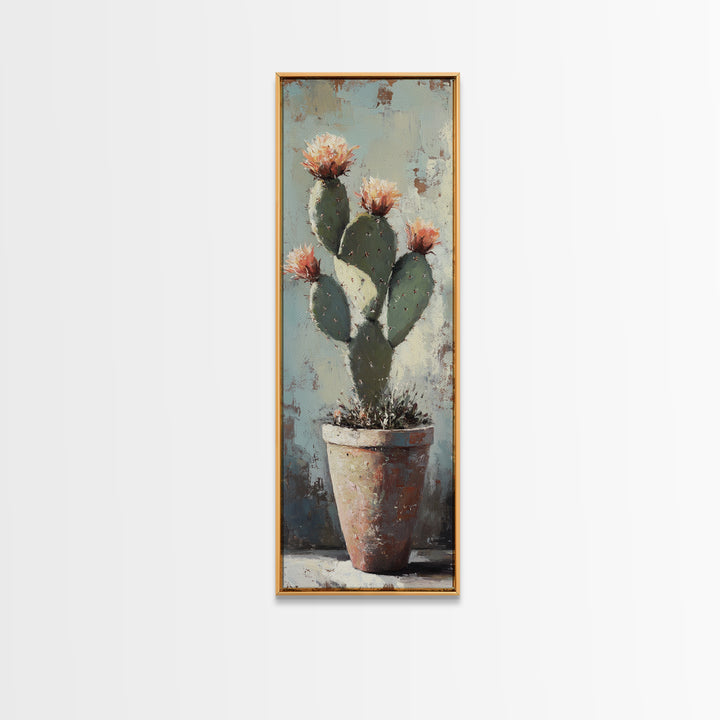 Blooming Prickly Pear Cactus In Clay Pot Wall Art, Southwestern Desert Decor, Botanical Canvas Print, Rustic Home Decor Art