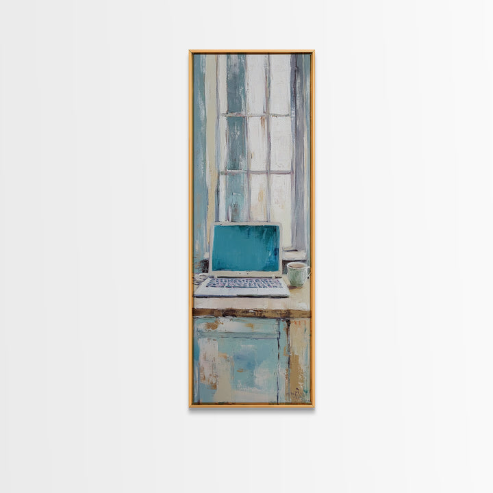 Blue Laptop By Bright Window Wall Art, Home Office Decor, Minimalist Desk Art Print, Modern Work From Home Canvas Art Decor