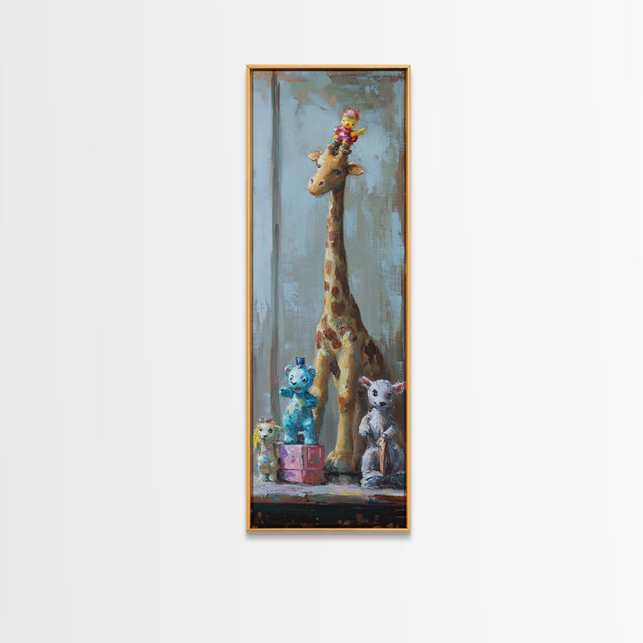 Whimsical Giraffe And Teddy Bear Framed Canvas Print, Nursery Wall Art, Kids Room Decor, Safari Animal Baby Shower Gift Idea