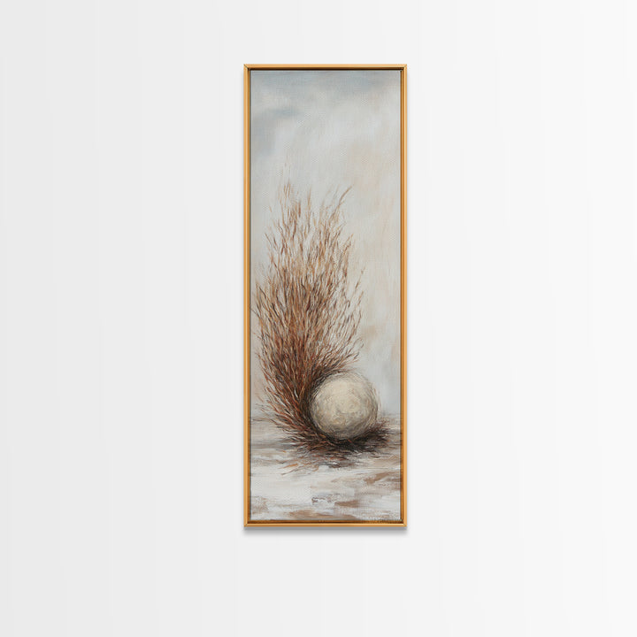 Dried Grass And Stone Sphere Wall Art, Neutral Minimalist Canvas Print, Wabi Sabi Rustic Nature Calming Decor For Living Room