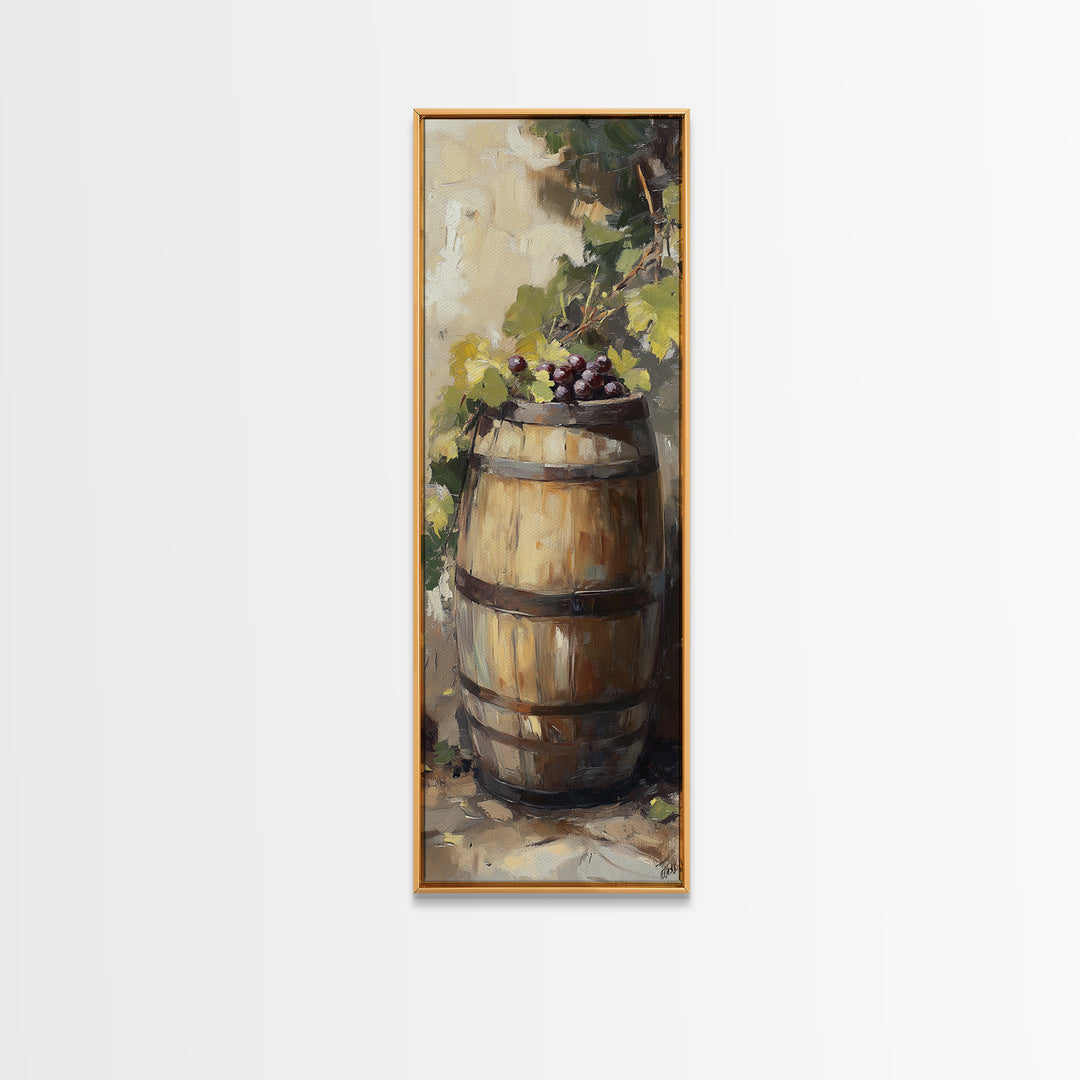 Sunlit Wine Barrel With Grapes Wall Art, Vineyard Canvas Print, Rustic Winery Kitchen Decor, Tuscan Farmhouse Gift For Dining Room