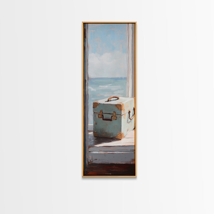 Blue Suitcase Ocean Window Canvas Print, Coastal Wall Art, Beach House Decor, Travel Inspired Living Room Wall Decor Gift
