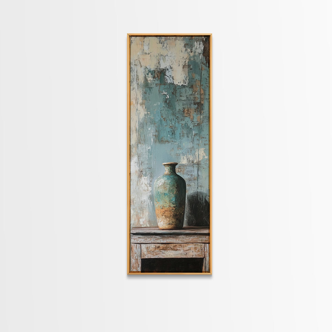Turquoise Vase Textured Still Life Canvas Print, Rustic Wall Art, Neutral Home Decor, Modern Farmhouse Living Room Decor