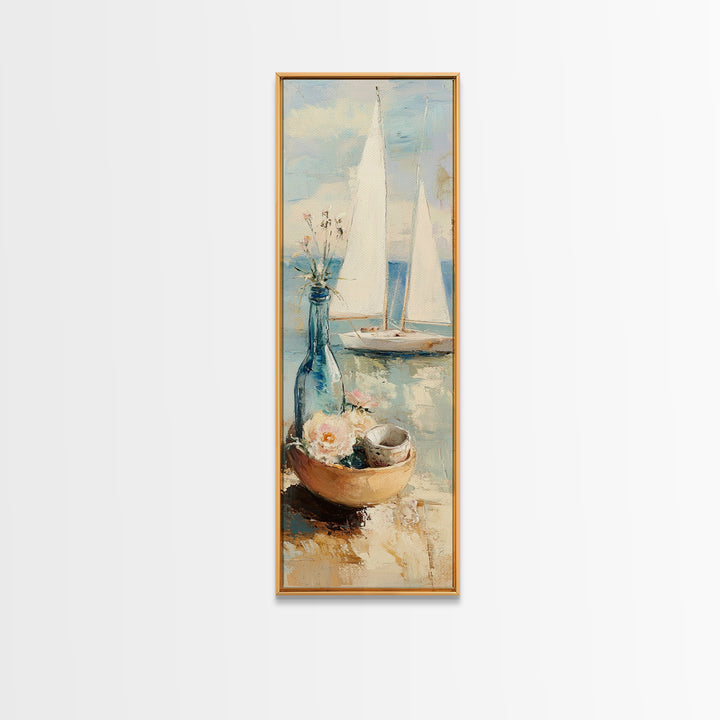 Sailboat Seaside Still Life Framed Canvas Print, Coastal Wall Art, Beach House Decor, Nautical Living Room Wall Decor Gift